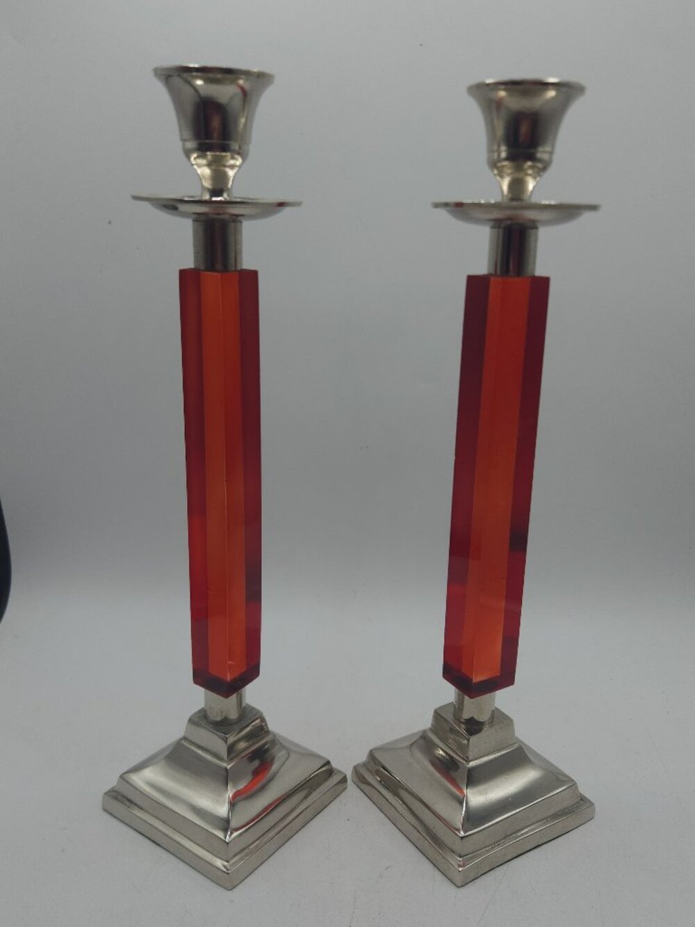 TAPER CANDLESTICK Holders Matching Set Of 2 Red Plastic & SilverTone 12.5" Tall